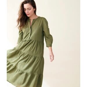 Jenni Kayne James Tiered A-Line Henley Long Sleeve Cotton Dress Moss Green XS